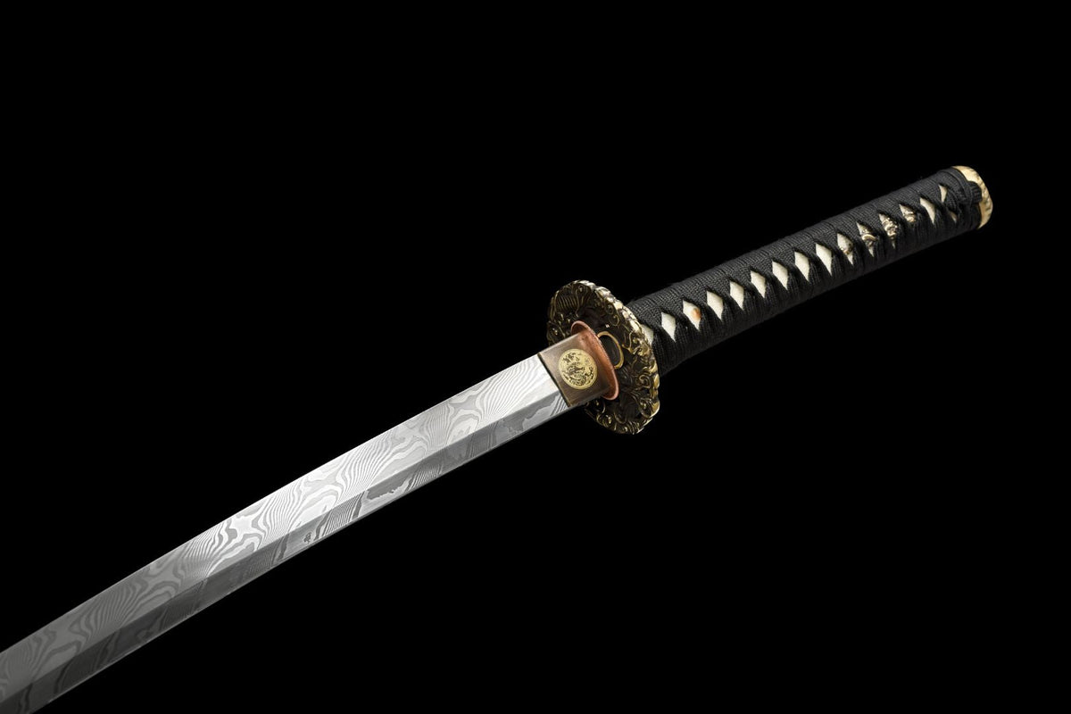 Akuma 悪魔 Katana – Damascus Steel, Black Sculpted Saya – view 12