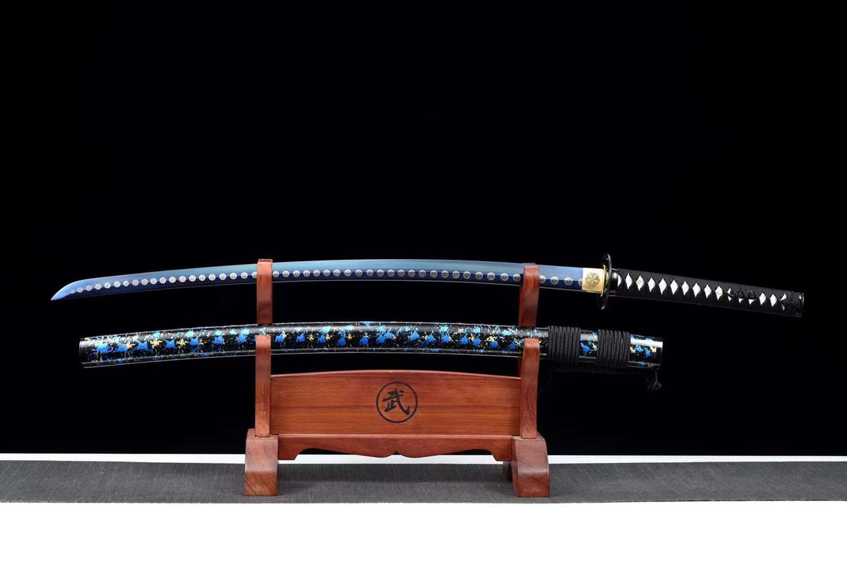 Rei Katana 霊 – Blue Manganese Steel Blade, Ebony Saya – view 1