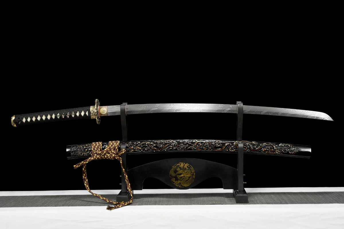 Akuma 悪魔 Katana – Damascus Steel, Black Sculpted Saya – view 1