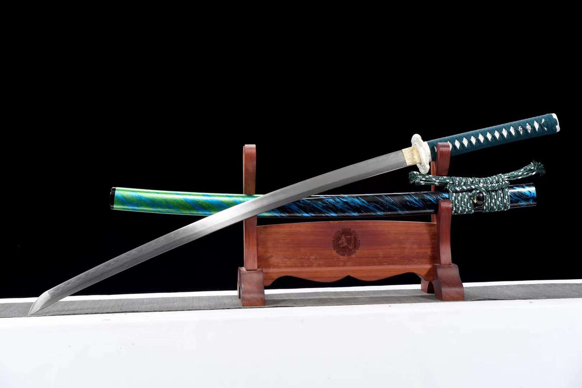 Katana Hakugin 白銀 – Damascus Steel, Blue and Green Saya – view 3