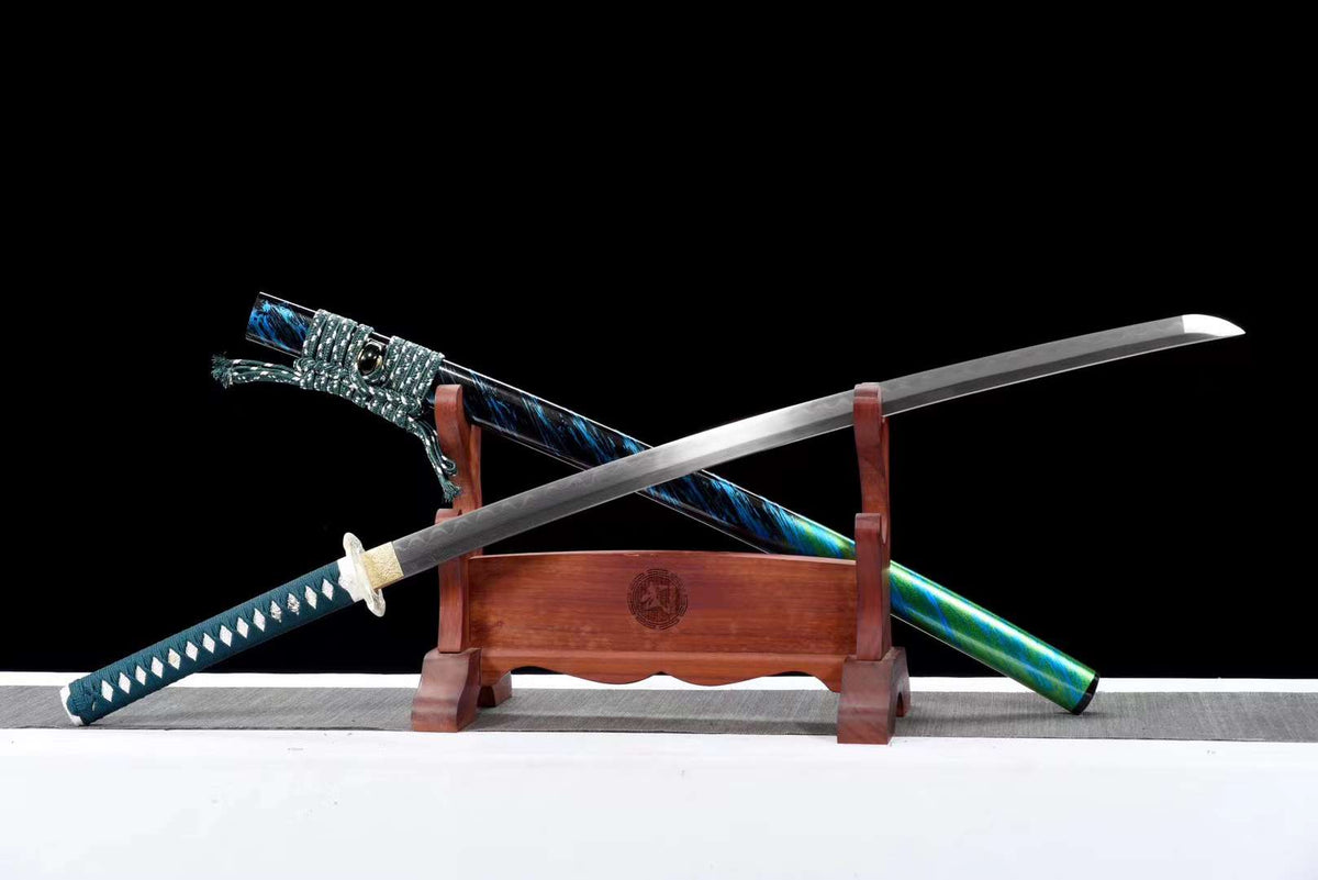 Katana Hakugin 白銀 – Damascus Steel, Blue and Green Saya – view 4