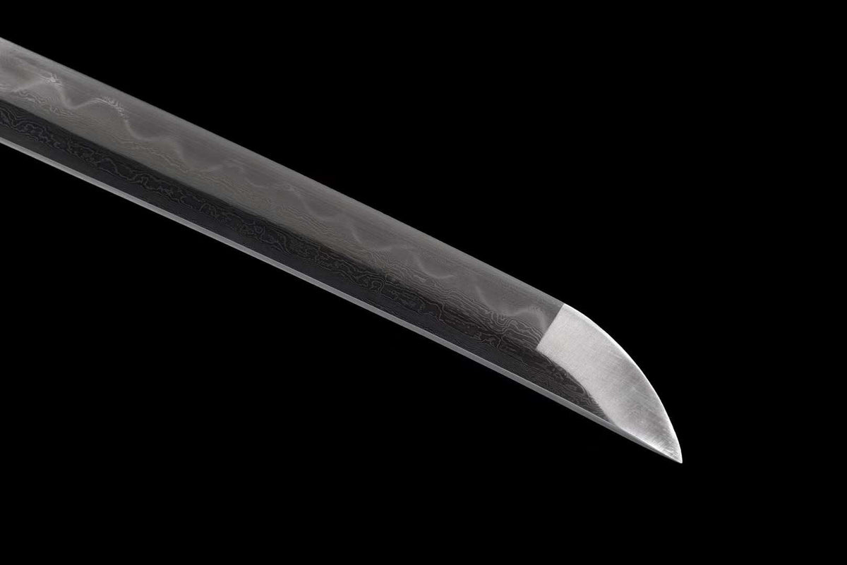 Katana Hakugin 白銀 – Damascus Steel, Blue and Green Saya – view 5