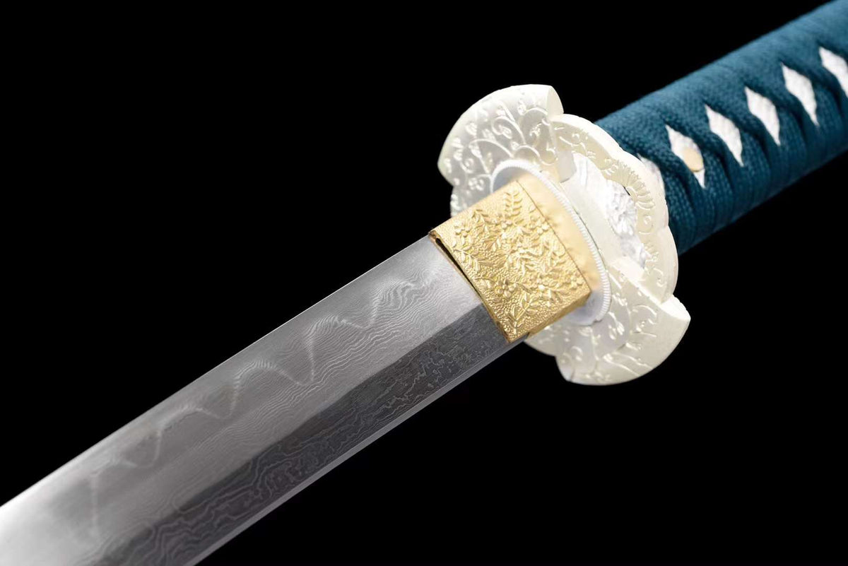 Katana Hakugin 白銀 – Damascus Steel, Blue and Green Saya – view 7