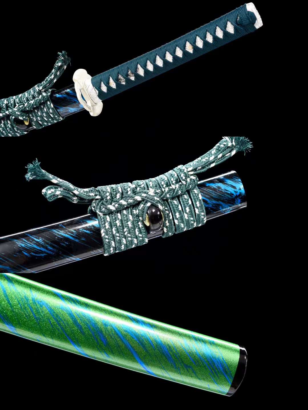 Katana Hakugin 白銀 – Damascus Steel, Blue and Green Saya – view 9