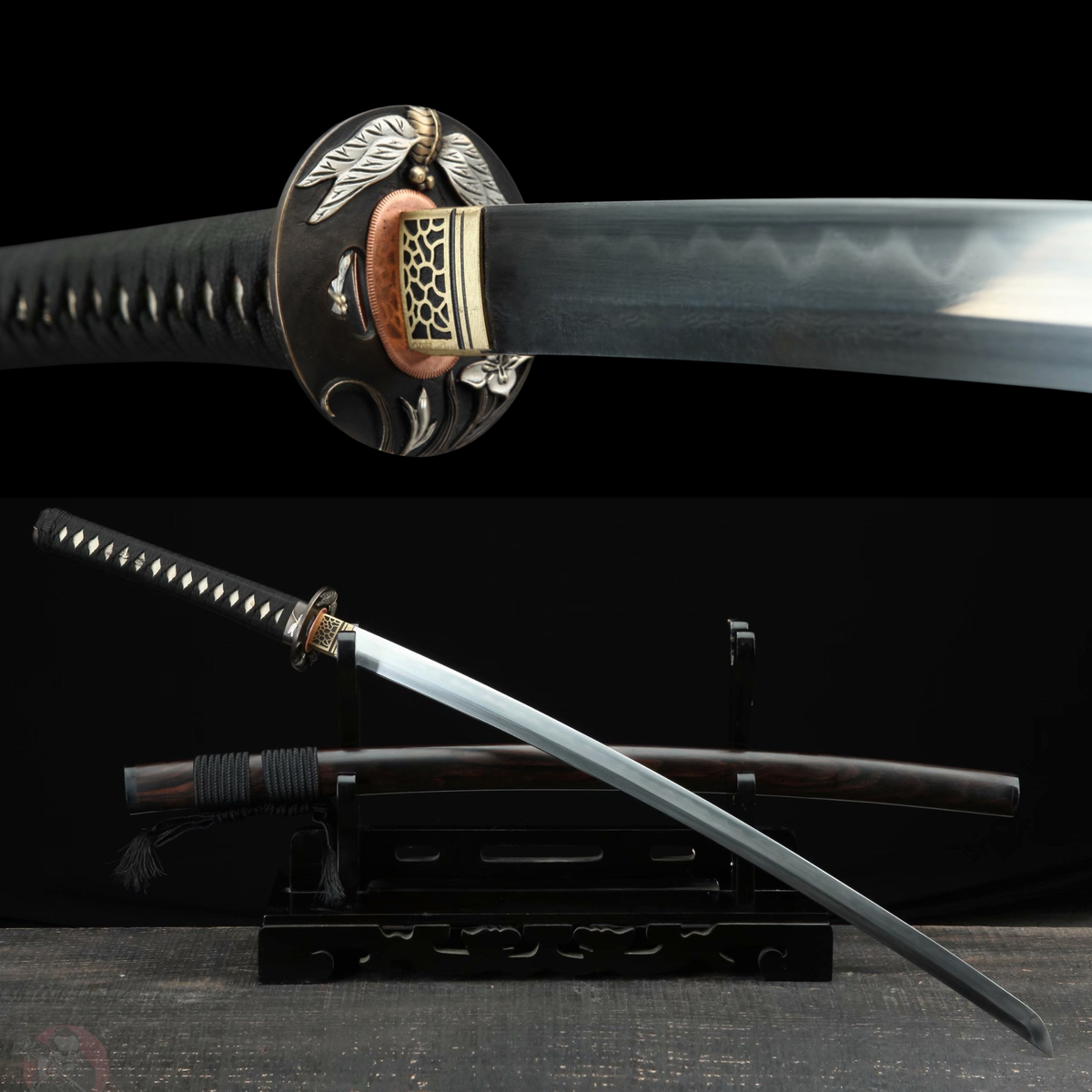 Tonbo Katana トンボ – Damascus Steel, Ebony Saya – view 1