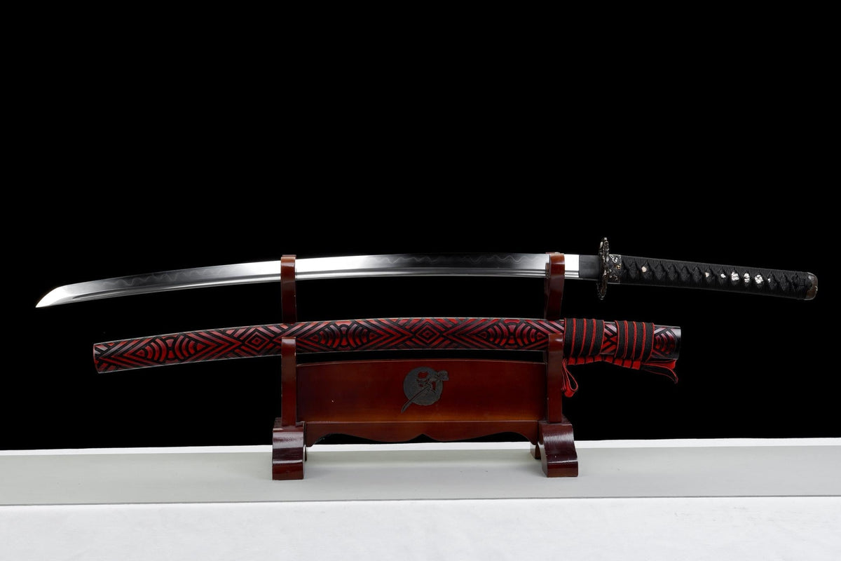 Kurenai no Kaze 紅の風刀 Katana – Crimson Wind, Hand-Forged Damascus – view 1