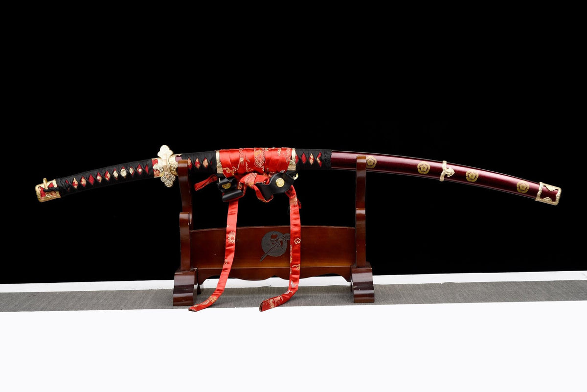 Kōyō Tachi 紅葉 – Damascus Steel, Burgundy Saya, Gilded Fittings – view 2