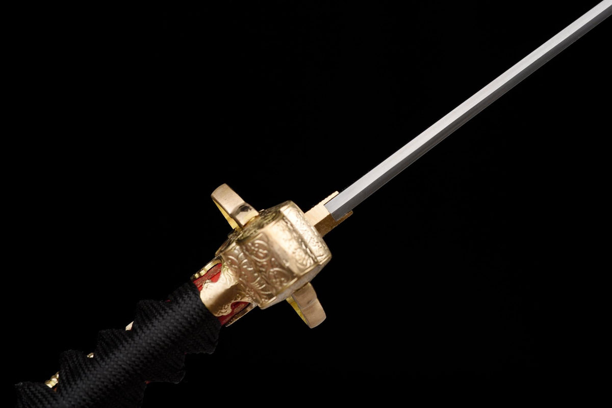 Kōyō Tachi 紅葉 – Damascus Steel, Burgundy Saya, Gilded Fittings – view 10