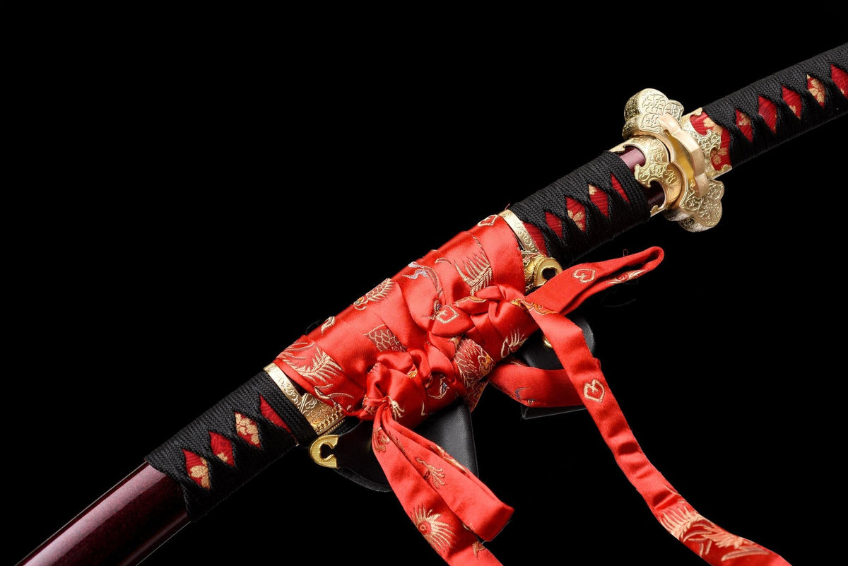 Kōyō Tachi 紅葉 – Damascus Steel, Burgundy Saya, Gilded Fittings – view 14