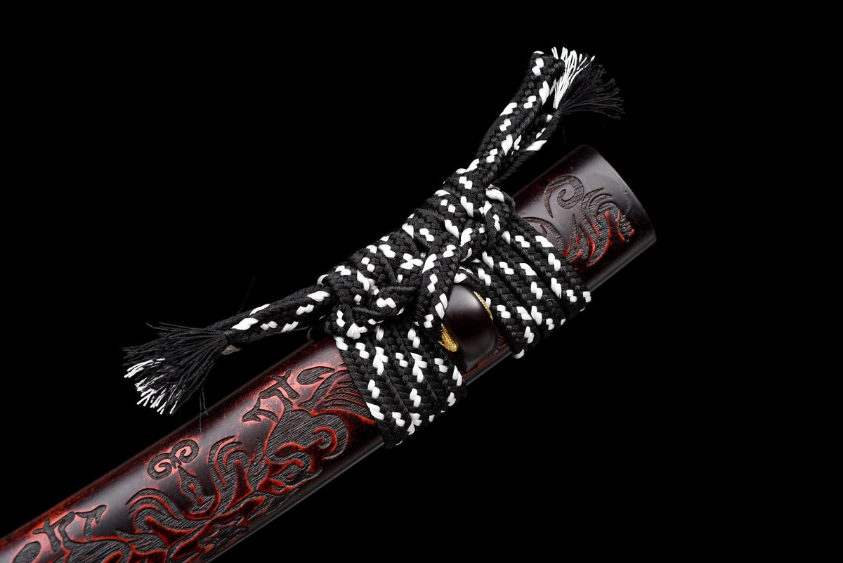 Byakko 白虎 Tanto – White Tiger, Damascus Steel, Red & Black Saya – view 8