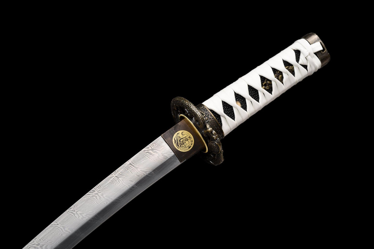 Byakko 白虎 Tanto – White Tiger, Damascus Steel, Red & Black Saya – view 10