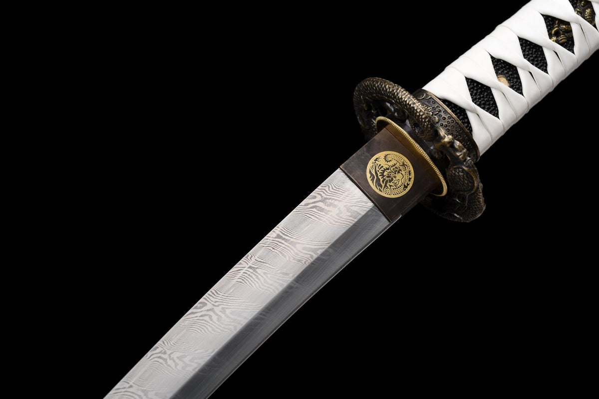 Byakko 白虎 Tanto – White Tiger, Damascus Steel, Red & Black Saya – view 11