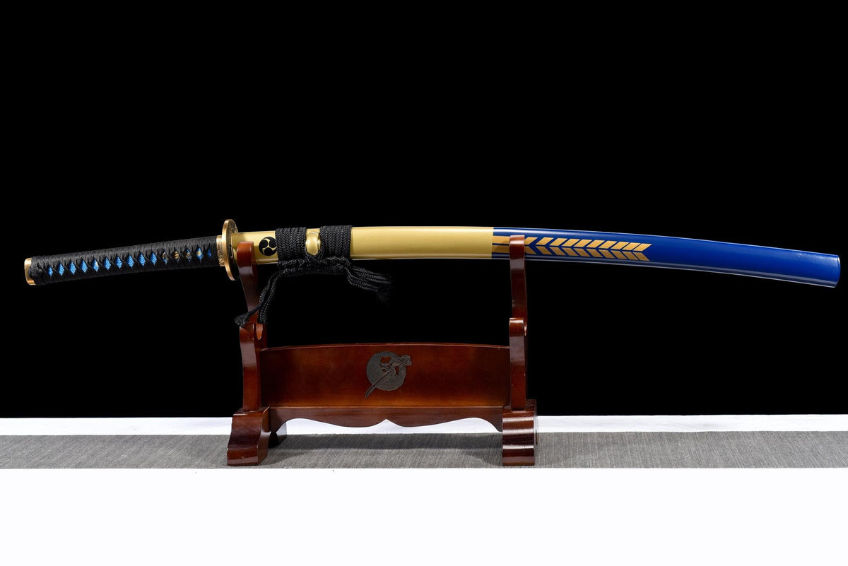 Kinmon 金紋 Katana – 1060 Steel, Blue Finish, Gold Saya – view 12