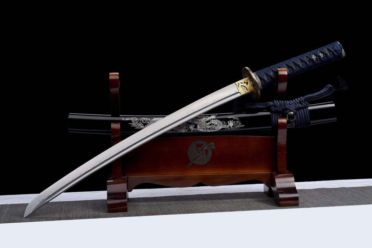 Ginryū Wakizashi 銀龍 – Damascus Steel, Silver Dragon Saya – view 12