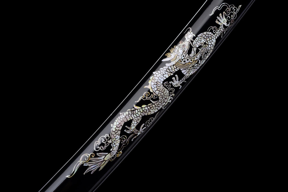 Ginryū Wakizashi 銀龍 – Damascus Steel, Silver Dragon Saya – view 4