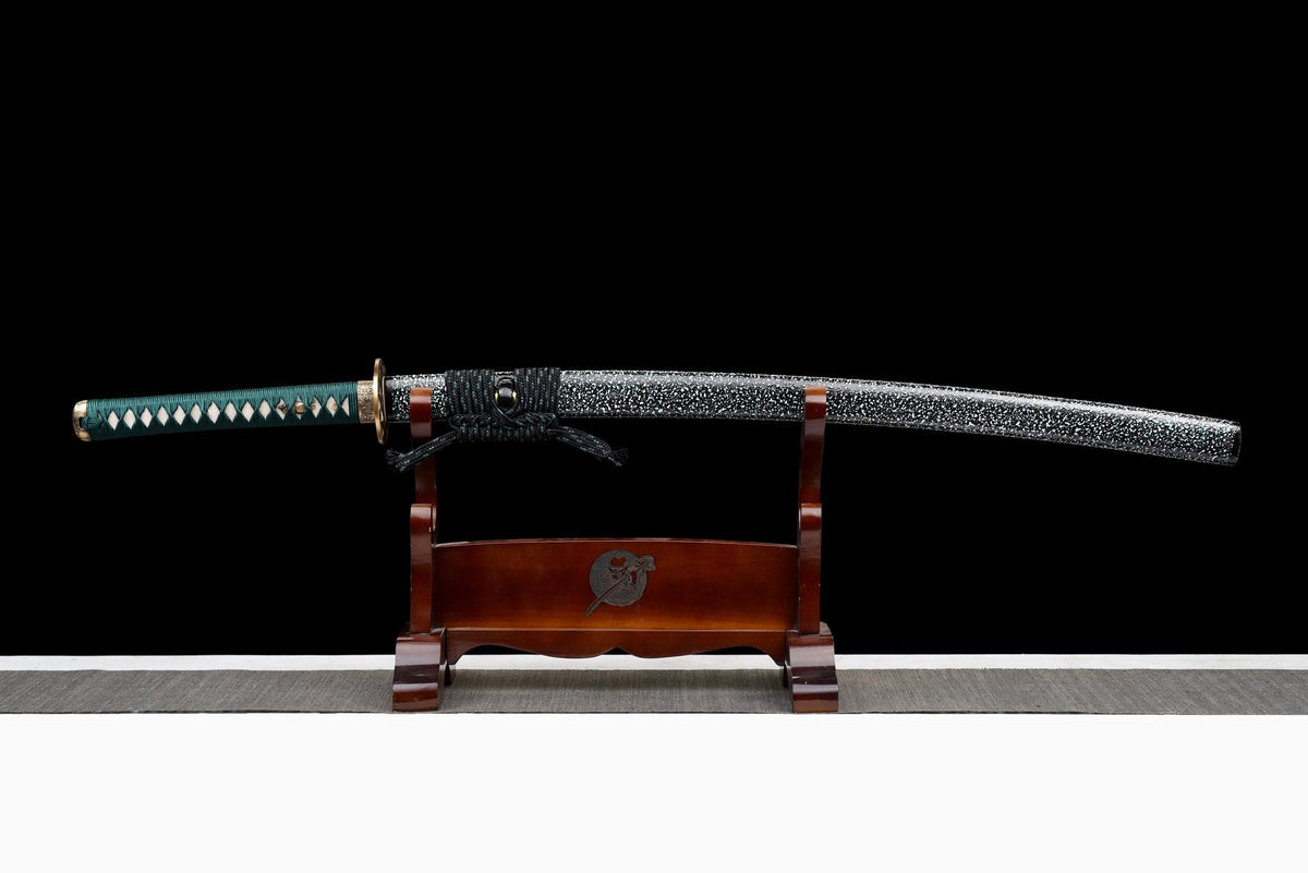 Suirantō 翠嵐刀 Katana — Damascus Steel, Jade Green Ito – view 2