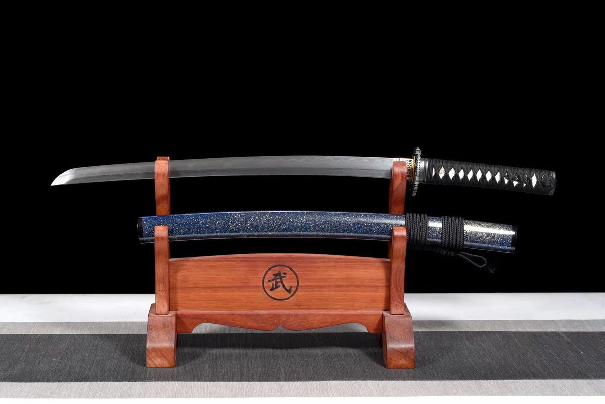 Ao 青 Wakizashi – Damascus Steel, Ebony Saya – view 1