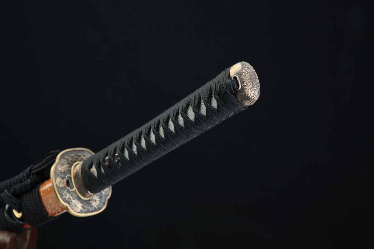 Rōtasu ロータス Katana – Damascus Steel, Orange Saya – view 14