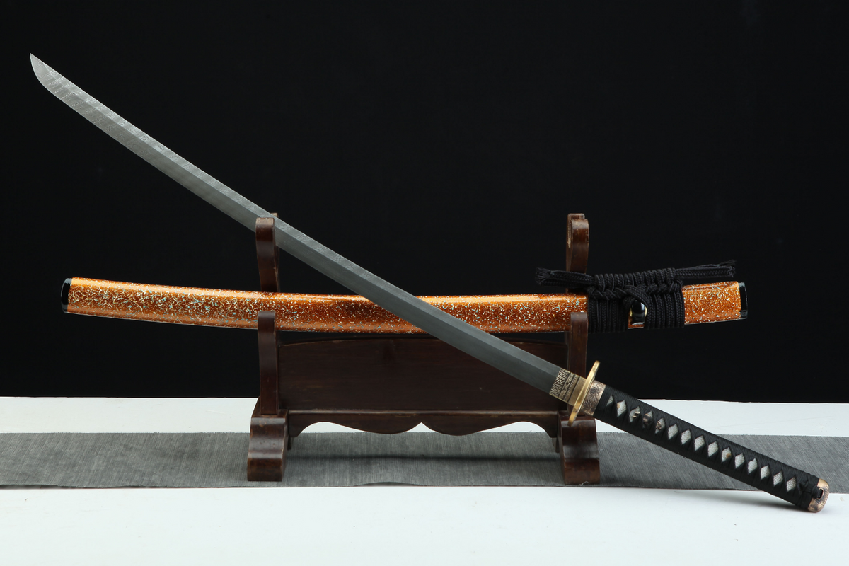 Rōtasu ロータス Katana – Damascus Steel, Orange Saya – view 5