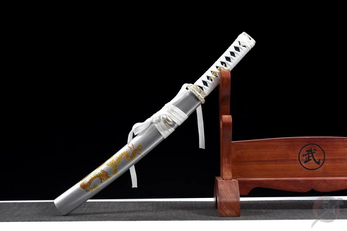 Tanto Ryūjin 龍神 — Blue Manganese Steel, Dragon Pattern – view 2