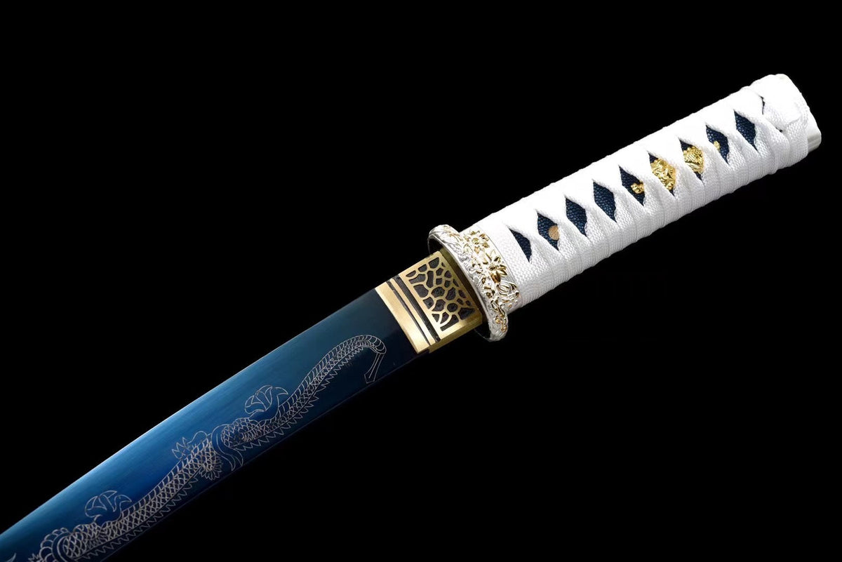 Tanto Ryūjin 龍神 — Blue Manganese Steel, Dragon Pattern – view 3