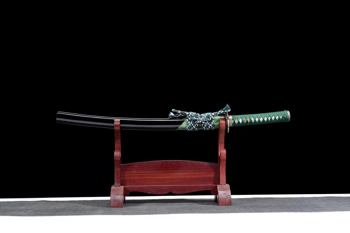 Kiku Wakizashi 菊 – Damascus Steel with Hamon, Chrysanthemum Tsuba – view 1
