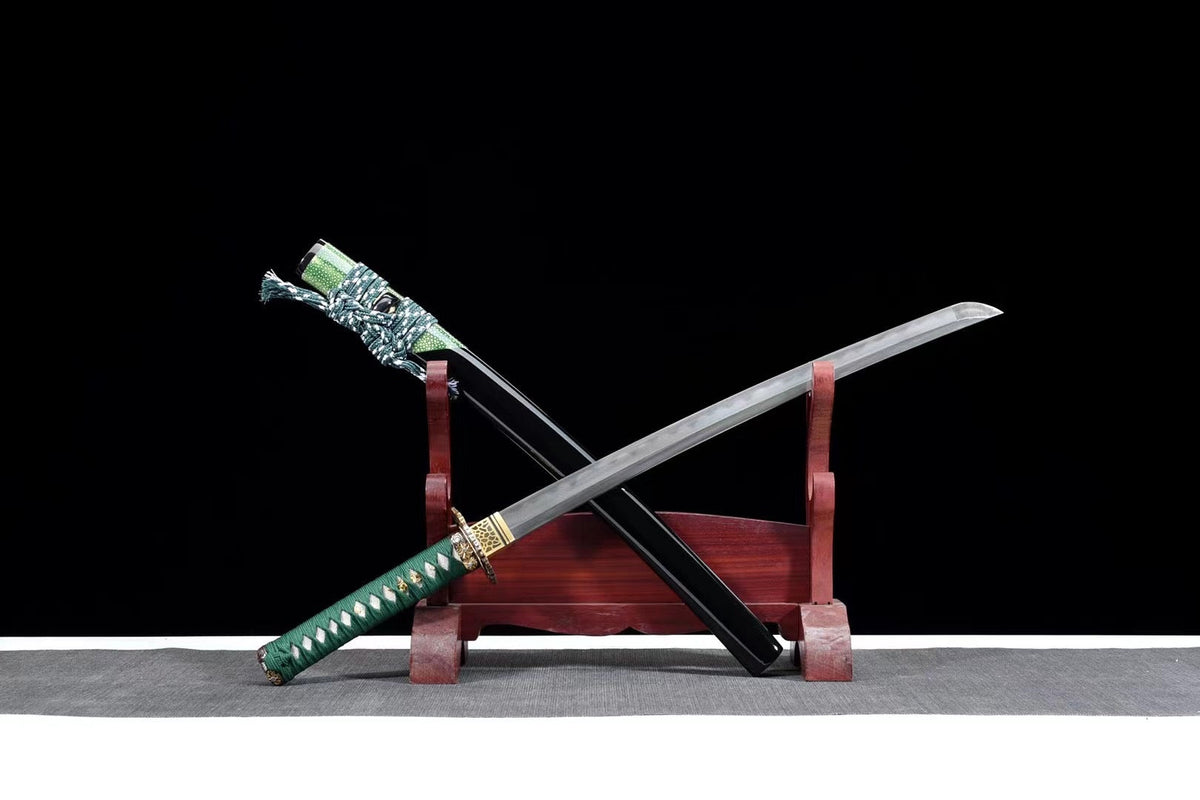 Kiku Wakizashi 菊 – Damascus Steel with Hamon, Chrysanthemum Tsuba – view 3