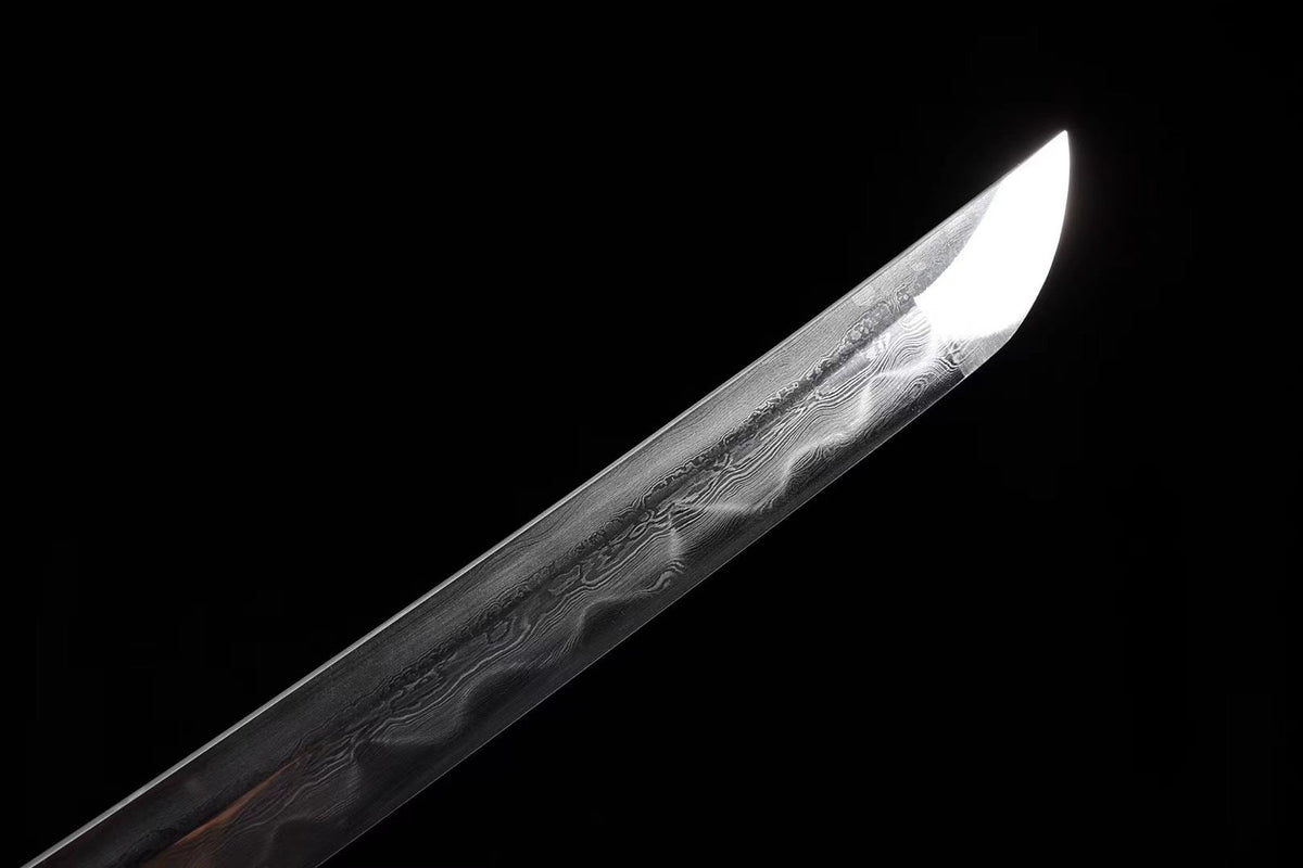 Kiku Wakizashi 菊 – Damascus Steel with Hamon, Chrysanthemum Tsuba – view 7