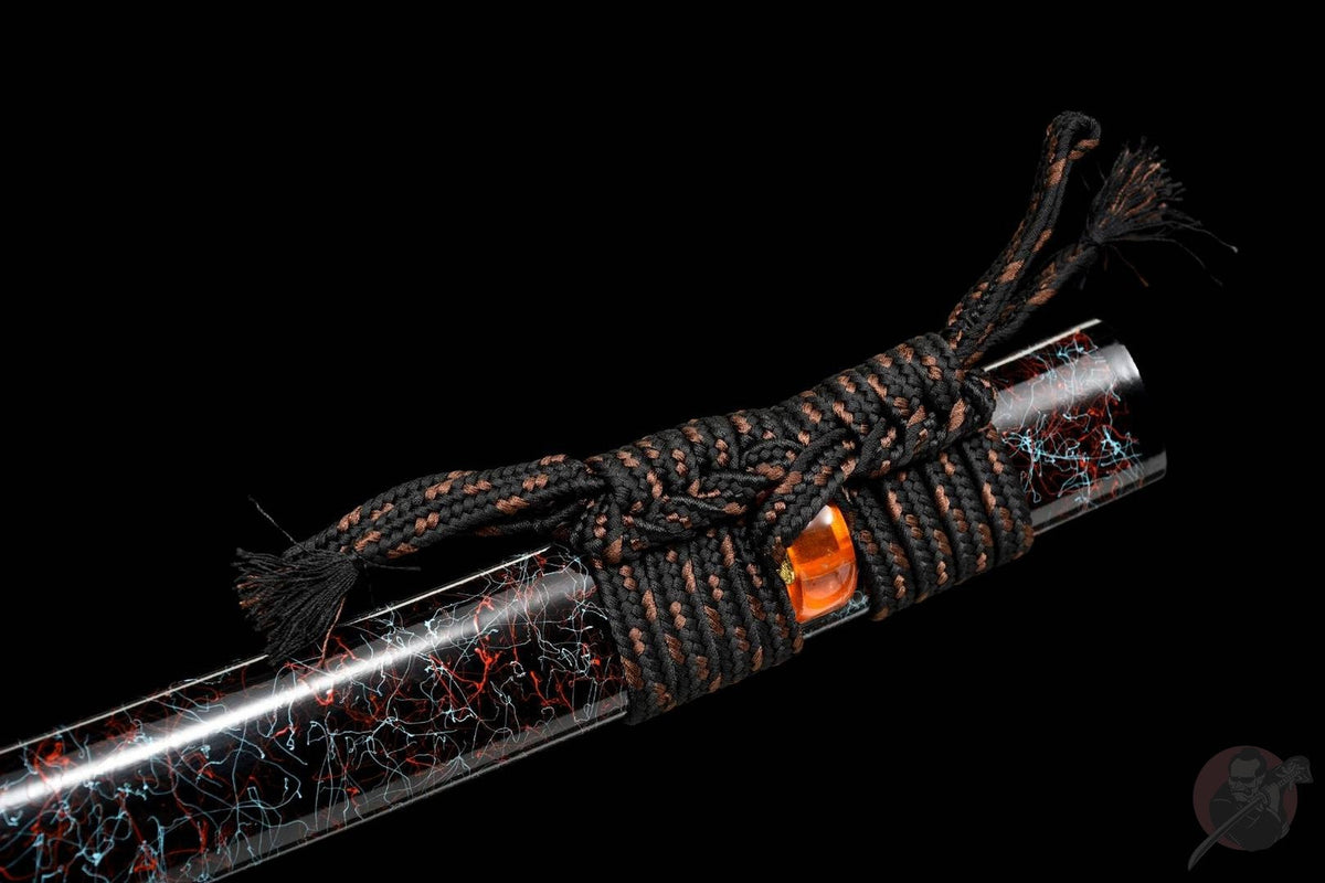 Gaiyo 概要 Katana — Carved Damascus Steel, Orange Sageo – view 11