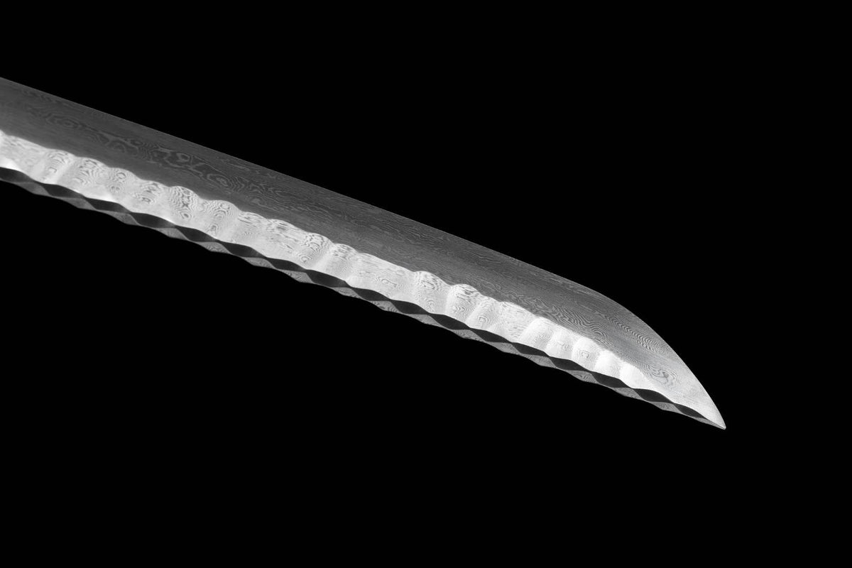 Gaiyo 概要 Katana — Carved Damascus Steel, Orange Sageo – view 12