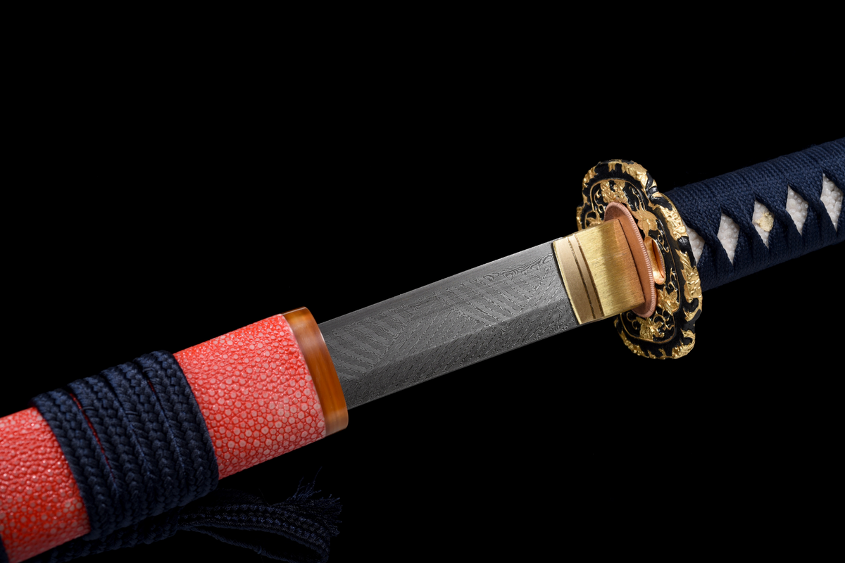Hinode 日の出 Katana, Damascus Steel, Red Saya – view 15