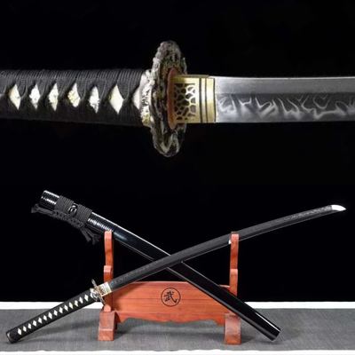 Tsuyo 強 Katana – T10 Carbon Steel, Black Saya, Brass Tsuba – view 1
