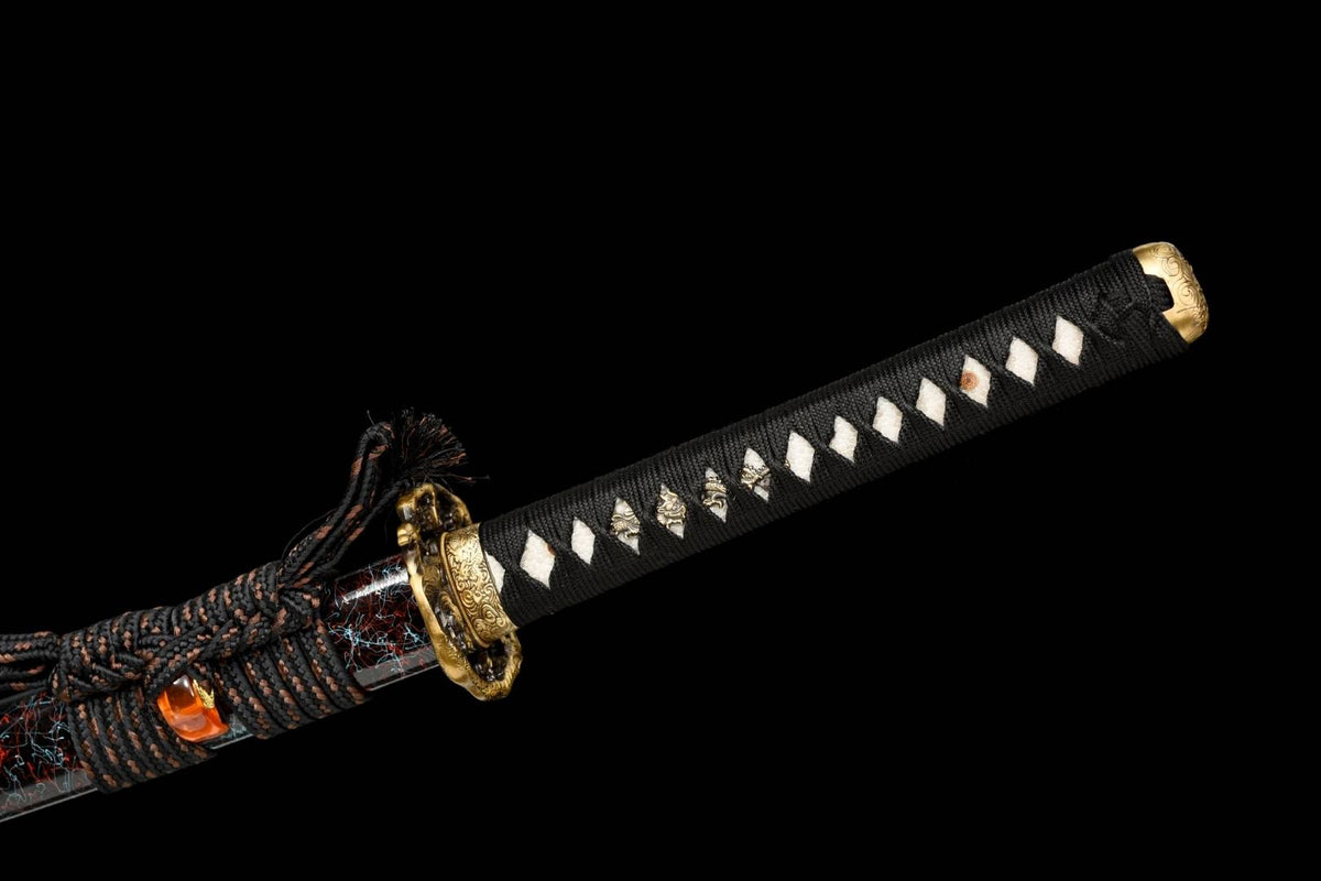 Gaiyo 概要 Katana — Carved Damascus Steel, Orange Sageo – view 16