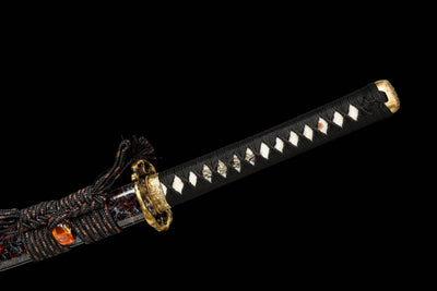 Gaiyo 概要 Katana — Carved Damascus Steel, Orange Sageo – view 16