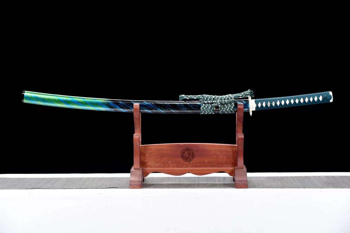 Katana Hakugin 白銀 – Damascus Steel, Blue and Green Saya – view 1