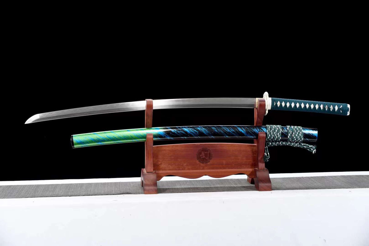 Katana Hakugin 白銀 – Damascus Steel, Blue and Green Saya – view 2