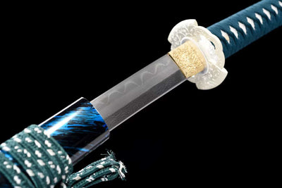 Katana Hakugin 白銀 – Damascus Steel, Blue and Green Saya – view 8