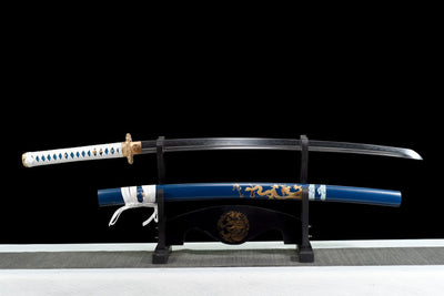 Katana Kurao 淤加 – T10 Steel with Bo-hi, Blue Dragon Saya – view 1