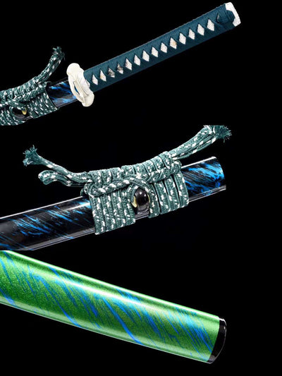 Katana Hakugin 白銀 – Damascus Steel, Blue and Green Saya – view 9