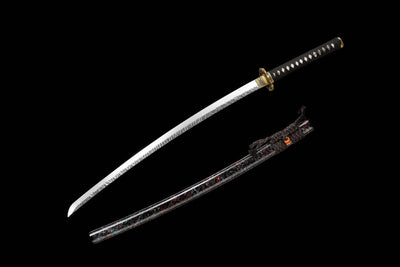 Gaiyo 概要 Katana — Carved Damascus Steel, Orange Sageo – view 1
