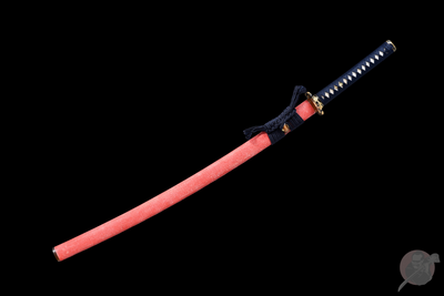 Hinode 日の出 Katana, Damascus Steel, Red Saya – view 2