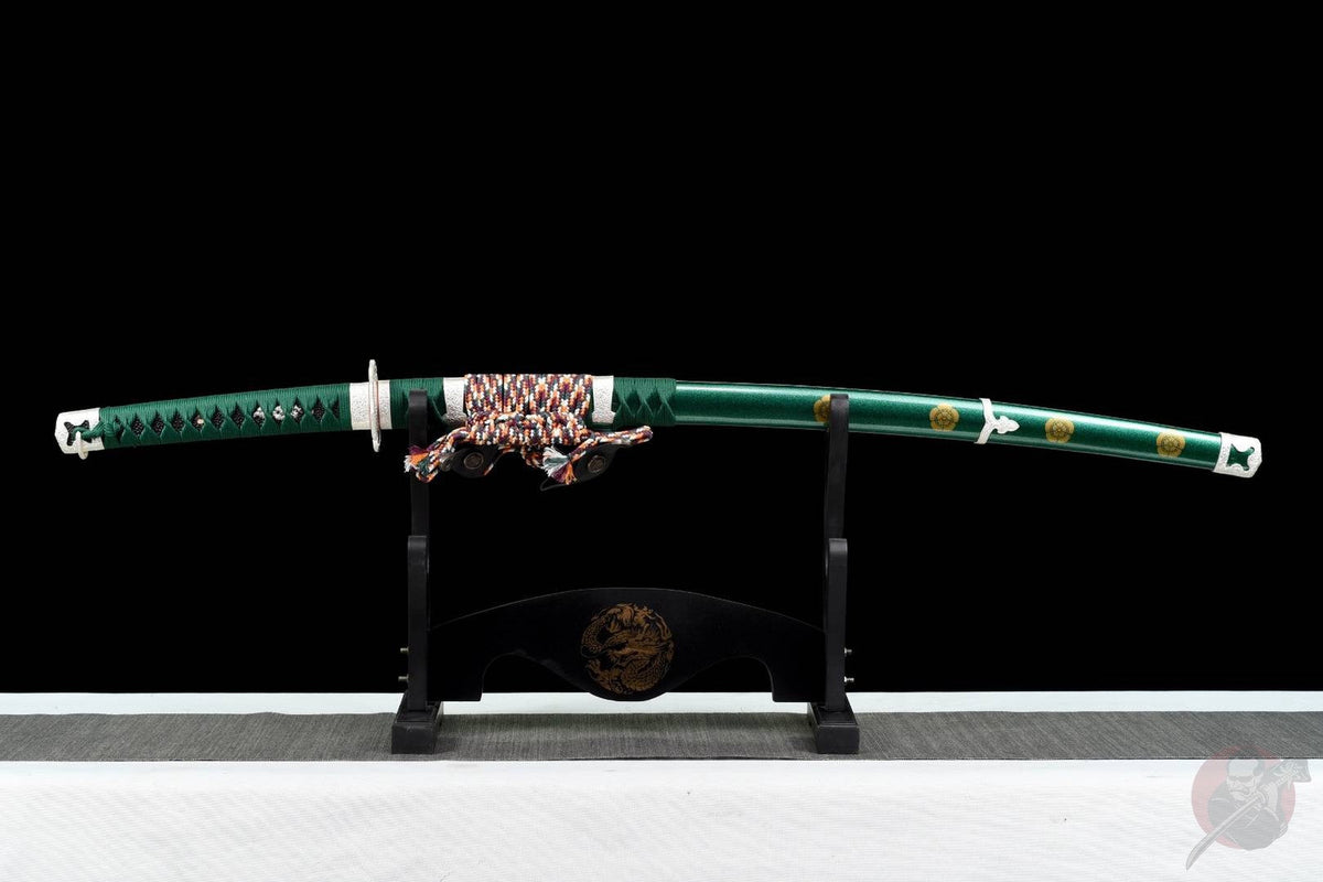 Oda Katana 織田 – T10 Steel, Green Saya with Oda Clan Crest – view 2