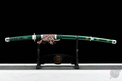 Oda Katana 織田 – T10 Steel, Green Saya with Oda Clan Crest – view 2