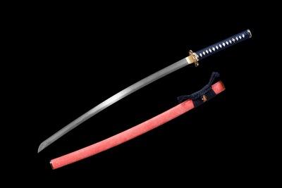 Hinode 日の出 Katana, Damascus Steel, Red Saya – view 1