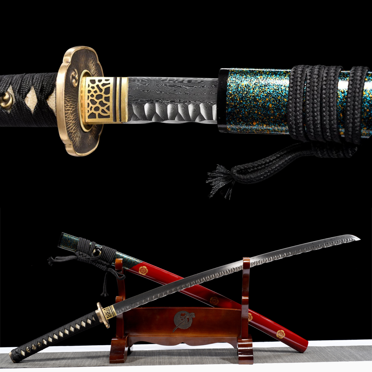 Hana Katana 花 – Dimpled Damascus Steel Blade, Floral Saya – view 1