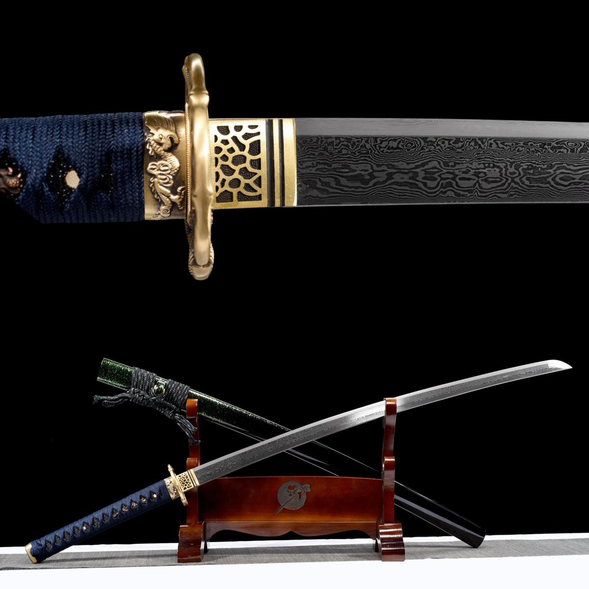 Midori no Yoru 緑の夜 Katana – Damascus Steel, Green-Black Saya – view 1