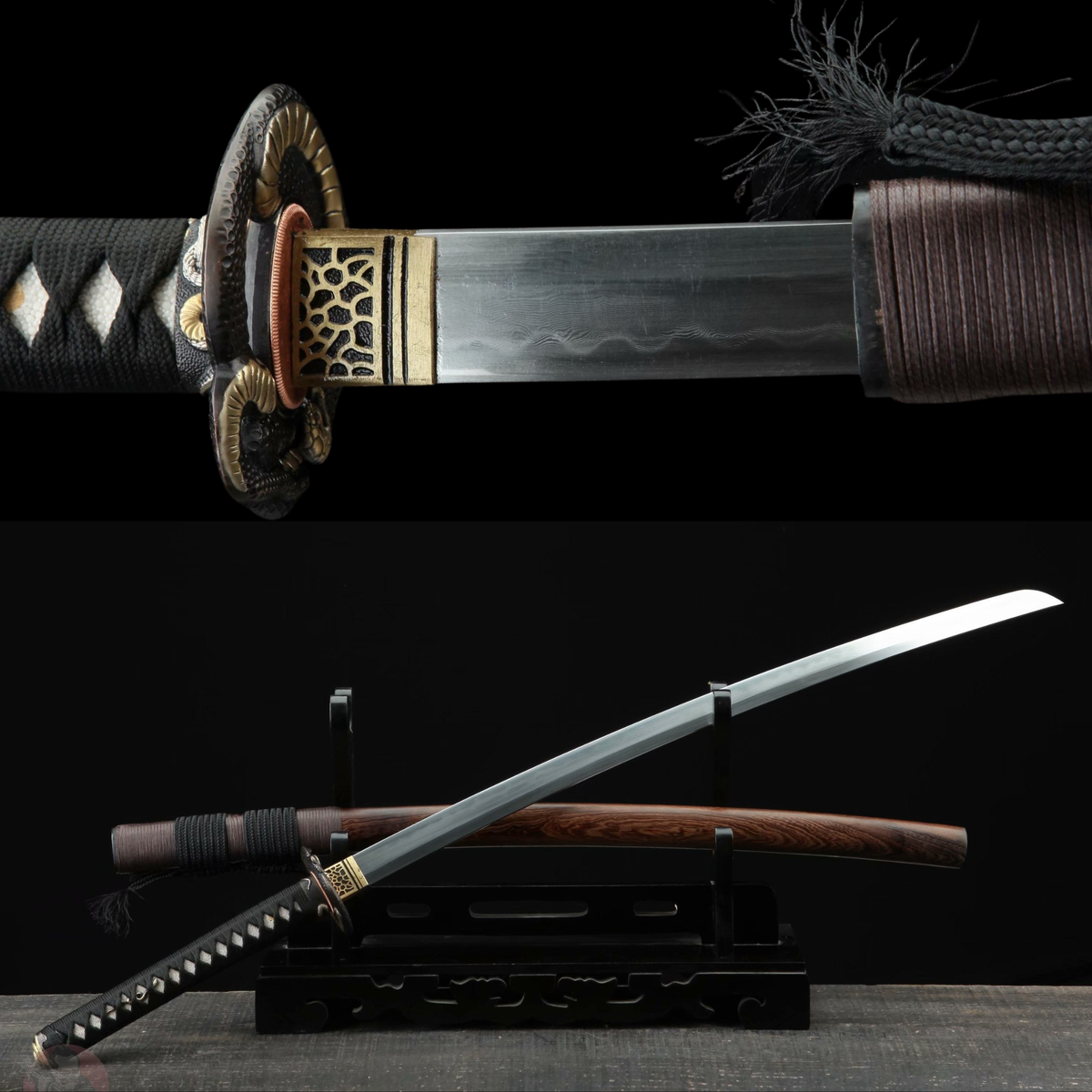 Hebi ヘビ Katana, Damascus Steel with Hamon – view 1