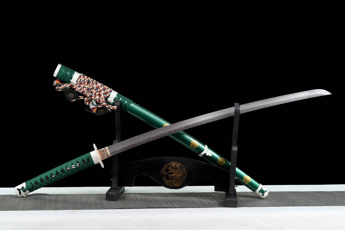Oda Katana 織田 – T10 Steel, Green Saya with Oda Clan Crest – view 3