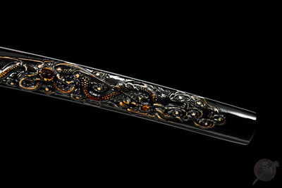 Akuma 悪魔 Katana – Damascus Steel, Black Sculpted Saya – view 5