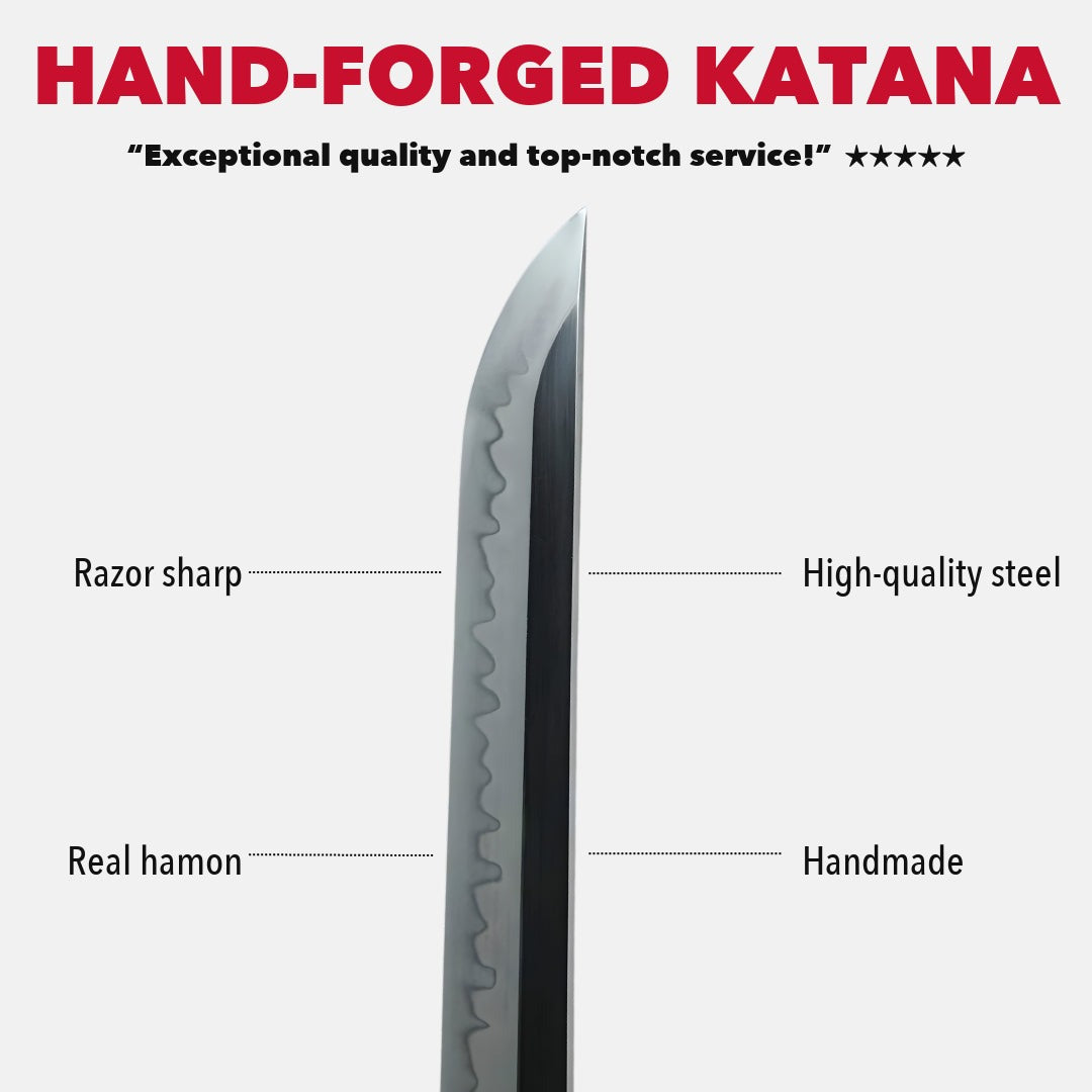 Yūkan'na 勇敢な Katana, Kobuse T10 and Damascus – hand-forged katana infographic